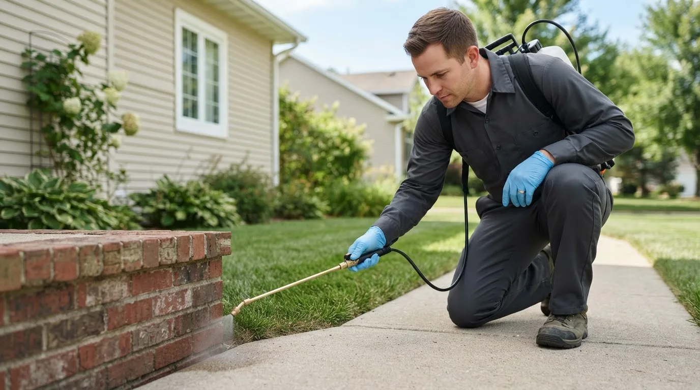 Pest control technician treating a home near Buckeye Lake, OH