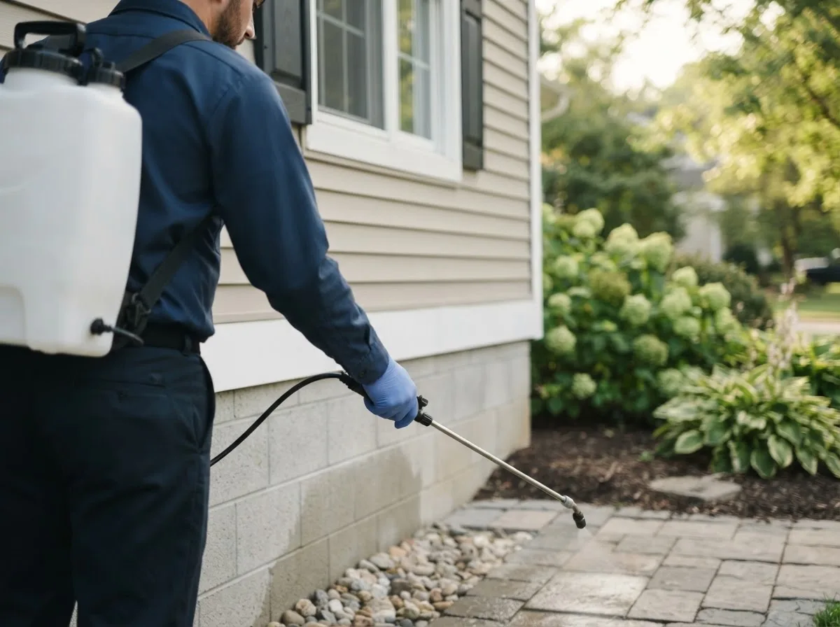 Pest control technician inspecting a home in Buckeye Lake, OH